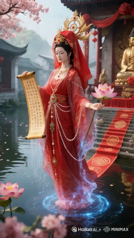 以下是一段适配这张图片的视频提示词:
在古雅的中式水乡,粉樱飘落,波光潋滟。一位身着华丽红色婚服的女子,宛如从画中走来。她头戴精致凤冠,凤冠上金饰闪耀,红缨轻垂。颈间珠串璀璨,与身上的红绸交相辉映,红绸上暗纹流转,似有神秘力量涌动。
她立于水面,脚下泛起幽蓝的光芒与涟漪,如梦幻泡影。右手持着一卷古朴的经文书轴,上面墨字古朴,仿佛承载着千年智慧,丝丝光芒从字里行间溢出。左手轻拈一朵盛开的粉荷,荷香缥缈,花瓣微微颤动,似在与周围的灵气共鸣。
身后古建庄重,红墙金佛,红绸装点其间,透着喜庆与庄严。红地毯从台阶蜿蜒至水面,似在指引着某种神圣的方向。随着镜头推进,女子的服饰细节、经文书轴上的字迹、荷花的纹理愈发清晰,周围的光影也随之变幻,营造出一种既浪漫又神秘的氛围,仿佛在诉说着一段跨越时空的佛缘与情劫的故事。 by Hailuo AI Video Generator