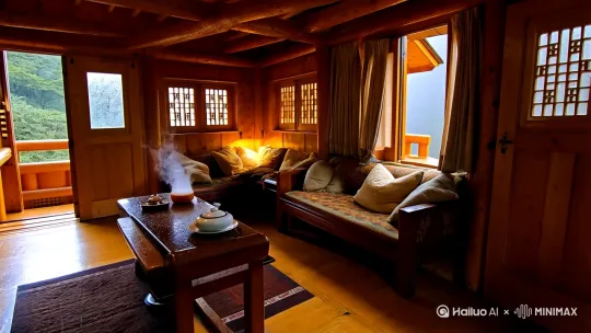 终南山上的一间隐居小屋，屋里一篇温馨，茶桌着一壶茶，外面下着大雨，风吹着树摇摆 by Hailuo AI Video Generator