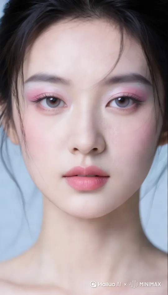 场景为纯色渐变背景，主体是亚洲女性精致面庞占据整个画面，柔顺发丝垂落肩头，动作包含缓慢的镜头平移展现金棕色瞳孔纹理，发梢随微风自然飘动，嘴唇轻抿带起细微唇纹起伏，视觉采用8K超高清画质突出睫毛分明的毛流细节，氛围灯光使用环形柔光搭配香槟色腮红晕染，技术细节要求每秒60帧流畅展示下颌线到太阳穴的皮肤光泽过渡，浅景深虚化耳际碎发形成光斑效果[推进] by Hailuo AI Video Generator