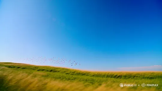 天空蓝色，一望无际大草原，蝴蝶纷飞 by Hailuo AI Video Generator