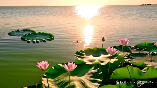 夏日，阳光明媚，一片清澈碧绿的池塘，荷叶田田，荷花盛开，蜻蜓在荷花间飞舞。全景 by Hailuo AI Video Generator