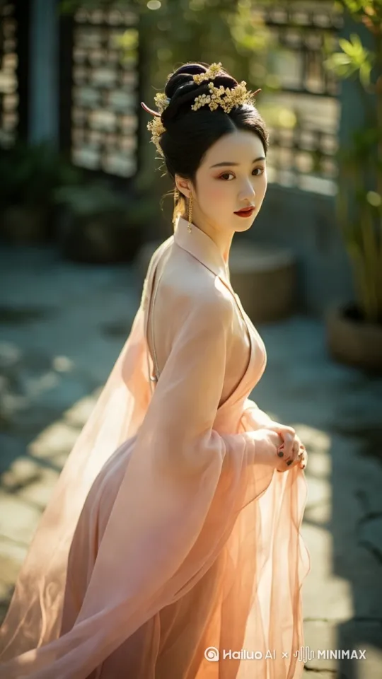 中国风唯美古装摄影，少女身着蜜桃粉雪纺齐胸襦裙，裙摆轻盈飘逸，犹如晨曦中的花瓣。她乌黑的秀发在微风中呈现出S形自然飘动，每一缕发丝都捕捉到逆光下的细腻光效，如同被金色光环包围。少女肌肤如凝脂，眼眸灵动，樱桃小口微启，仿佛下一刻就要吟唱出古风诗句。背景是古典园林，青石板路、雕花窗棂与翠竹交相辉映，营造出一种穿越时空的梦幻氛围。采用柔焦效果与自然光线，强化了画面的层次感与立体感，使整个场景宛如一幅流动的水墨画卷。中景构图，聚焦于少女的曼妙身姿与精致妆容。 by Hailuo AI Video Generator