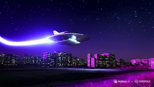 璀璨星空下，一艘造型科幻的宇宙飞船划破夜空，降落在城市郊区的空地上，紫色光芒照亮四周。
镜头全景[右摇,变焦推进] by Hailuo AI Video Generator
