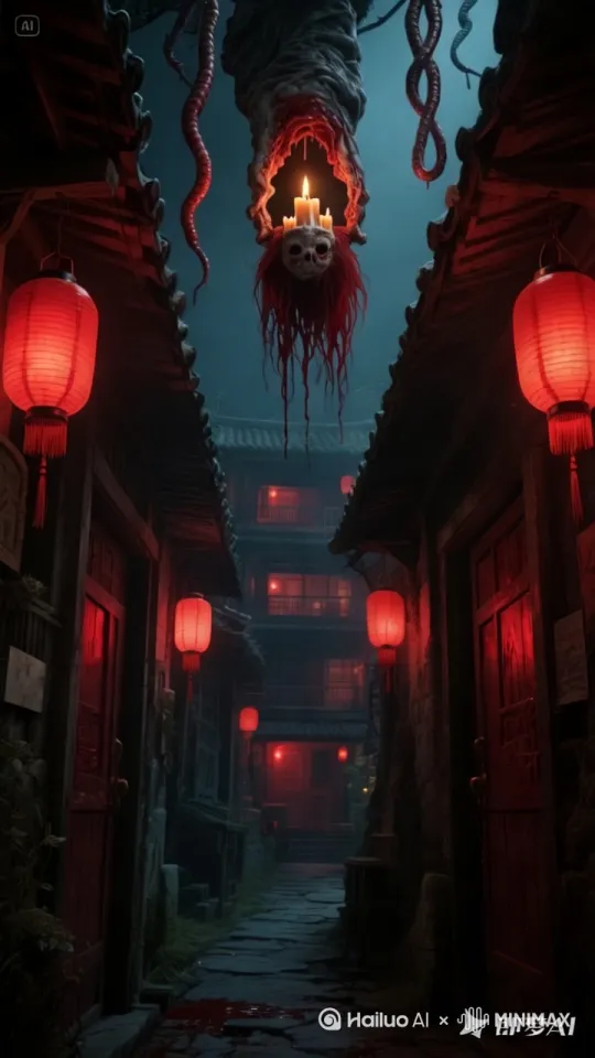 镜头为第一人称视角前进，天空慢慢出现暗红黯淡红黑红色的雾气，随着时间地面缓缓渗出暗色的液体，天上随着缓缓出现淡淡的隐约红色雾气，建筑全部变成蠕动的血肉质感搭建的房屋，周围的建筑变成肉质微微蠕动，最后地上生长很多宛如肠子一样的藤蔓攻击性缠绕上来充满全部画面，画面颜色要阴暗诡异灵异恐怖，暗色系，灯笼裂开嘴角变成一颗颗丧尸头 by Hailuo AI Video Generator