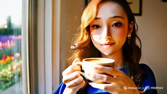 2） 近景 女孩端起咖啡杯，轻抿一口，眼睛睁开，露出满足的神情。她站在窗前，窗外庭院的花朵映入眼帘，阳光洒在咖啡上，泛起金色的光泽。 女孩：“嗯，味道还是那么好。” 7s 古典音乐，轻微的喝咖啡声 50mm定焦镜头，f/1.8光圈，ISO 100，快门速度1/125s  by Hailuo AI Video Generator