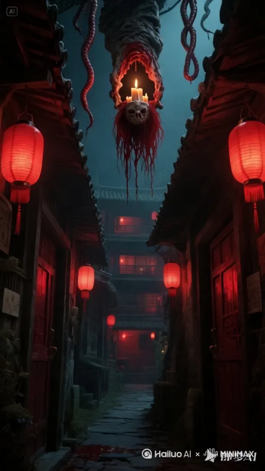 镜头为第一人称视角前进,天空慢慢出现暗红黯淡红黑红色的雾气,地面随着时间地面缓缓渗出暗色的液体,建筑墙壁缓缓变成蠕动的血肉质感搭建的房屋,周围的建筑变成肉质微微蠕动,最后地上生长很多宛如肠子一样的藤蔓攻击性缠绕上来充满全部画面 by Hailuo AI Video Generator
