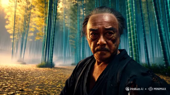 场景描述：迷雾缭绕的竹林深处，黄昏光线穿透竹叶 主体描述：中年侠客身穿残破黑袍，面容沧桑坚毅 动作描述：凌空跃起施展降龙十八掌，掌风激起满地落叶与尘土，金色龙形气劲环绕双臂 视觉风格：电影级光影质感，冷色调中点缀金色粒子特效 氛围：充满武侠意境的生死对决瞬间 技术细节：4K分辨率动态运镜，60帧慢动作捕捉掌法轨迹，镜头从全景快速推至面部特写 by Hailuo AI Video Generator