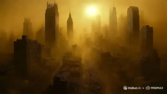 飘渺雾霭：空气中浓重的雾霭缓缓翻腾飘荡，将部分废墟建筑部分显露出来，又部分遮蔽起来，更增添了神秘与腐朽之感。
坠落的碎片（细微）：非常偶然地，小块物质从受损摩天大楼的较高处细微地脱落并落下，在朦胧的背景下可见微小的移动。
阵风（通过灰尘可视化）：阵风扰动地面上的灰尘和轻碎片的微妙视觉提示，表明即使是废墟也会受到自然力量的影响。
闪烁的远光（极其罕见）：也许是从其中一栋建筑物深处发出的单一、非常微弱且间歇性的闪烁光，暗示着电力或居住的残余微弱且挣扎。
摄像机运动：

缓慢俯拍，揭示真相：首先聚焦于摩天大楼朦胧的顶部，然后缓慢俯拍，展现其衰败的程度以及下方瓦砾遍地的街道。这突显了从高处坠落和大面积破坏的景象。
在废墟中向前推拉镜头：缓慢的低角度推拉镜头在布满废墟的前景中向前移动，迫使观众面对倒塌的直接后果和街道上破坏的规模。
平移天际线：缓慢地水平平移整个废墟天际线，展现出这座倒塌城市的广阔和腐朽的普遍性。
放大受损建筑：缓慢、刻意地放大摩天大楼严重受损的特定部分，重点关注其结构故障和腐烂的细节，特写过去造成的后果。 by Hailuo AI Video Generator