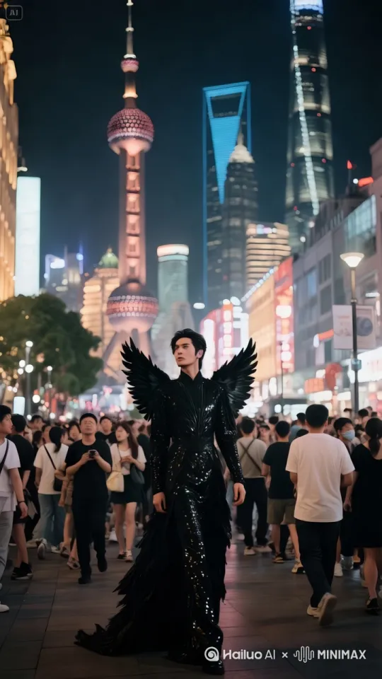黑衣人突然跳起来幻化成一只黑色羽毛红色眼睛的海东青，煽动翅膀冲向天空，周围人群混乱不尬纷纷躲避[右移,跟随] by Hailuo AI Video Generator