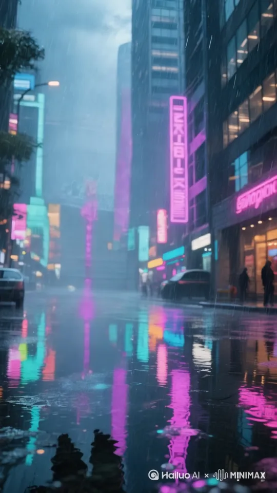 天空下着大雨，地上溅气点点水花[左移,推进,右摇] by Hailuo AI Video Generator