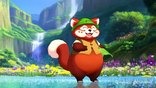 一只拟人化的小熊猫直立站立，圆润的身躯覆盖着蓬松的红褐色毛发，白色面颊上点缀着俏皮的斑点，尾巴蓬松如云朵。它头戴一顶小巧的竹叶编织帽，身穿浅棕色亚麻背心，正赤脚踩在清澈的溪流中，溅起晶莹的水花。背景是层叠的青翠山峦，瀑布从岩壁倾泻而下，河岸旁开满野花，蝴蝶在蒲公英丛中翩跹。小熊猫仰头咧嘴大笑，前爪举着一片浮萍作伞状，阳光透过树梢洒下斑驳金光，画面充满童话般的温暖与活力。  

**风格关键词：**  
吉卜力动画风格，柔和渐变色，细腻笔触，高饱和度自然色调，动态透视构图，萌系角色设计，梦幻光影效果。时长一分钟 by Hailuo AI Video Generator