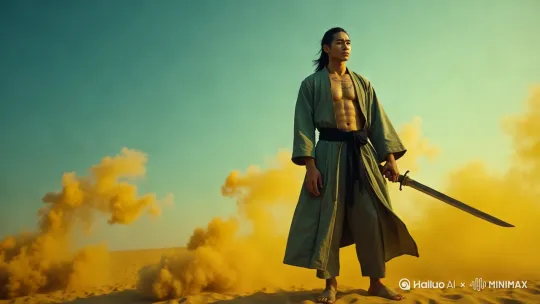 弧形镜头(男人不动，摄影机动态围绕男人由左至做半圆的移动拍摄)。男人身后烟雾弥漫 by Hailuo AI Video Generator