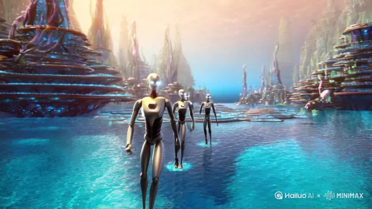 海洋城市里的机器人脸上眼睛微睁，点击胸前的按钮 by Hailuo AI Video Generator