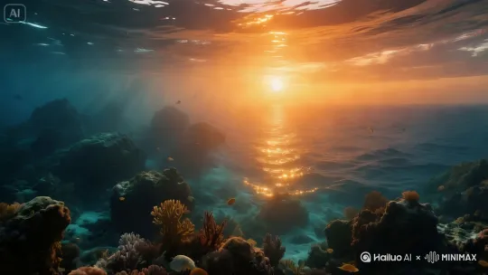 图片是在海水里，海水浮动，镜头快速从海水里上升浮出水面到半空中，上升运镜[上升] by Hailuo AI Video Generator