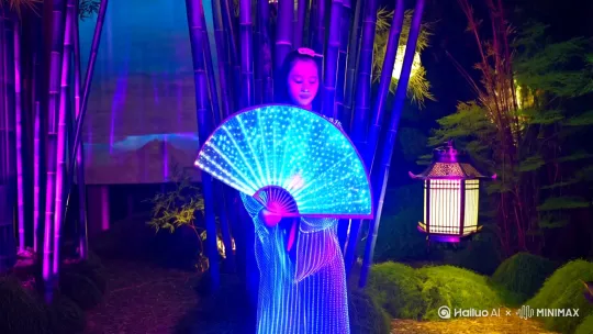 在一个充满未来感的都市中，一位少女身着带有LED灯带的霓虹汉服，灯光在她的衣服上闪烁出蓝紫色的光芒。她手持一把机械折扇，扇面上流动着微光，仿佛有电流在其中穿梭。

她站在一片紫竹林中，竹林的竹子高大而挺拔，竹叶在微风中轻轻摇曳。竹林间，悬浮着几盏古色古香的灯笼，散发着柔和的光晕，为整个场景增添了一丝神秘的气息。


根据这个生成的图片，做出图片生成视频的提示词

在她的周围，全息投影出的山水画卷在空中徐徐展开，山峦起伏，流水潺潺，与真实的竹林交相辉映，形成了一幅奇幻而又和谐的画面。

少女在这样的环境中翩翩起舞，她的动作轻盈而优雅，仿佛与周围的环境融为一体。竹林间的光影随着她的舞动而变化，营造出一种梦幻般的氛围。

整个场景以8K超清画质呈现，细节丰富，色彩鲜艳，仿佛让人置身于一个未来与古典完美融合的世界。 by Hailuo AI Video Generator