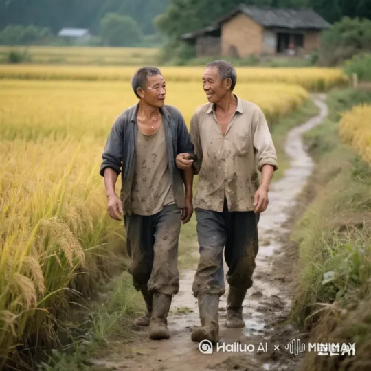 两位农民回家路上话不投机，打起架了，好比两位武林高手，拳脚相加，打的好不热闹， by Hailuo AI Video Generator