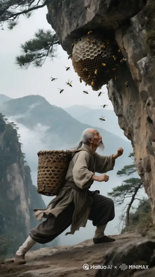 老人背着背篓快速的向上跳跃，只见他身轻如燕，只几步快速跳到峭壁高处，把蜂窝稳稳地摘下，扛着蜂窝稳稳跳下地面。固定镜头。 by Hailuo AI Video Generator
