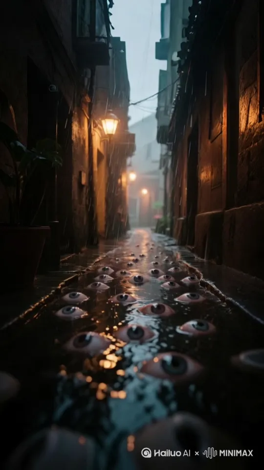 昏黄的灯光下，雨丝从天空中落下，落在地上的积水中，变成了一颗颗浮起来的眼睛，眼睛从水里冒出，眼睛看向不同方向，眼睛要眨动，人群害怕地走在眼睛中[推出,上升,下摇] by Hailuo AI Video Generator