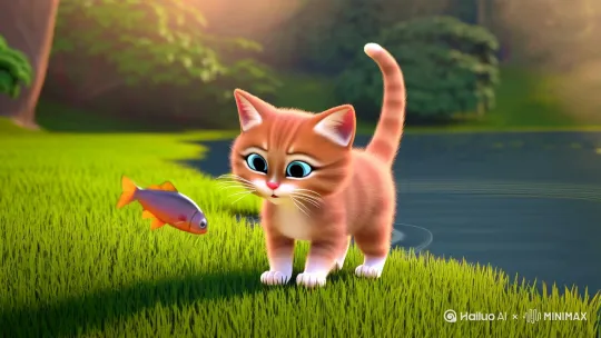 小猫用尾巴钓鱼，然后回家做红烧鱼 by Hailuo AI Video Generator