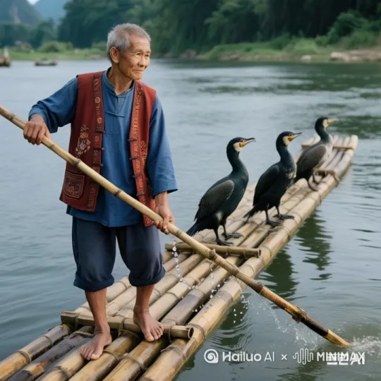 以下是为您设计的桂林乡村生活视频分镜头脚本，画面强调自然光影与人文细节的结合：

【开场-远景】
晨雾未散的漓江水面泛起青灰色波纹
三座馒头状喀斯特峰峦倒映在镜面般的江水中
一叶窄长竹排从右侧入画，船头惊起两只白鹭
同期声加入竹篙点水的闷响与鹭鸟振翅声

【中景-跟随镜头】
60岁壮族渔夫侧身站立竹排前端
靛蓝色土布衫外罩赭红色绣花马甲
磨损的竹篙尖端带起晶莹水珠链
船尾五只鱼鹰喉囊鼓动，铁青色羽毛泛着水光
特写老人赤足紧扣竹排凹痕的脚掌纹路

【动态镜头-低机位】
竹篙突然猛击水面
三只鱼鹰箭矢般扎入水中
浑浊水底晃动着挣扎的鲤鱼轮廓
鱼鹰喉部绳索在逆光中划出金色弧线

【特写转场】
布满老茧的手将小鱼抛给归来的鱼鹰
鱼鹰喉囊收缩时显现的颈部肌肉颤动
沾着银鳞的鸟喙在阳光下反光

【全景收尾】
竹排划过江心沙洲
惊起芦苇丛中夜鹭群飞
船头悬挂的铜铃在暮色中轻响
远处村寨升起袅袅炊烟融入晚霞

建议拍摄时：
1. 使用大疆如影稳定器跟拍船体移动
2. 晨雾场景需在日出前1小时拍摄
3. 鱼鹰捕食镜头可先训练投鱼时机
4. 老人服饰宜选磨损自然的旧款壮族便装
5. 水面反光建议使用偏振镜控制

后期调色参考：
青绿色阴影+琥珀色高光
适当保留画面噪点增强胶片质感
加入细微的镜头呼吸效果 by Hailuo AI Video Generator