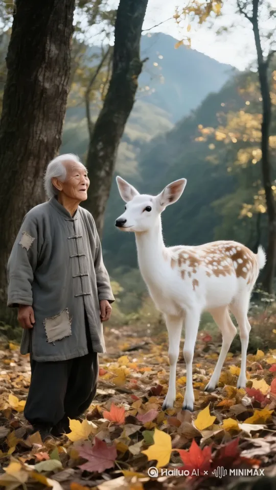 镜头移动，动态跟随，左边的老人率先发起攻击，它左腿猛地一蹬地，高高跃起，右脚如旋风般扫向右边梅花鹿的头部。梅花鹿机灵地低头闪躲，同时右边的梅花鹿变成身穿白色西装的美丽女子，侧身一扭，避开拳头，跳起来施展出迅猛的连环踢猛踢向老人。左边的老人迅速抽回手，右边美女突然高高跃起，向左边老人踢去，老人趁美女落地未稳，飞起一脚踢在美女的肚子上，他们的招式刚柔并济，时而是刚猛的直拳，时而是柔美的转身回旋踢。 by Hailuo AI Video Generator