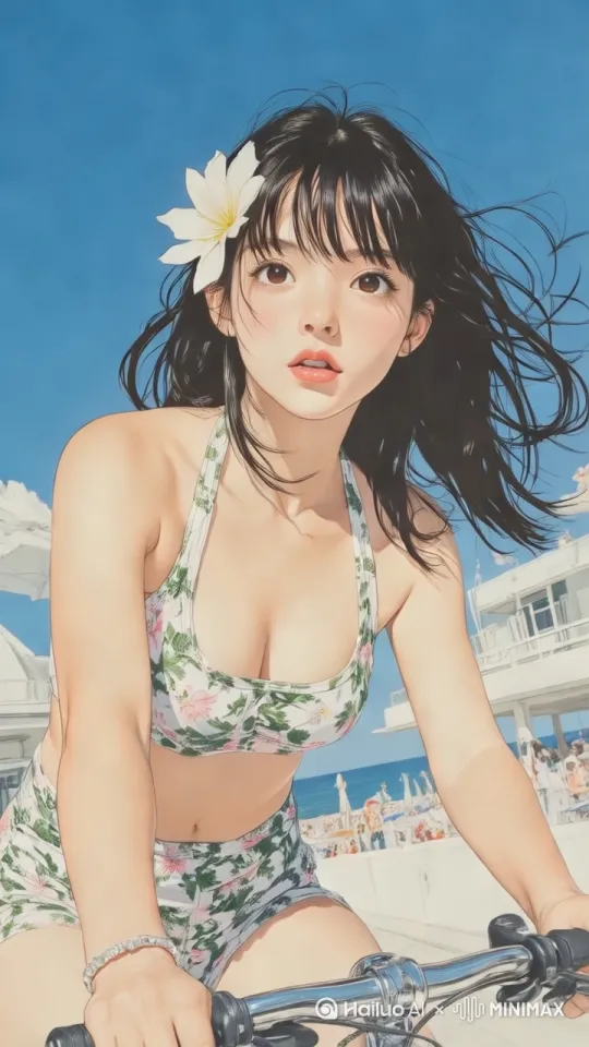 Help me to Create a 5s Gif like a video, keep my picture style:
Anime-style cinematic remake inspired by *Summer Pockets*: a girl riding her bicycle through a seaside town on a sunny summer day, ocean breeze gently blowing through her hair as she passes by picturesque coastal buildings. by Hailuo AI Video Generator