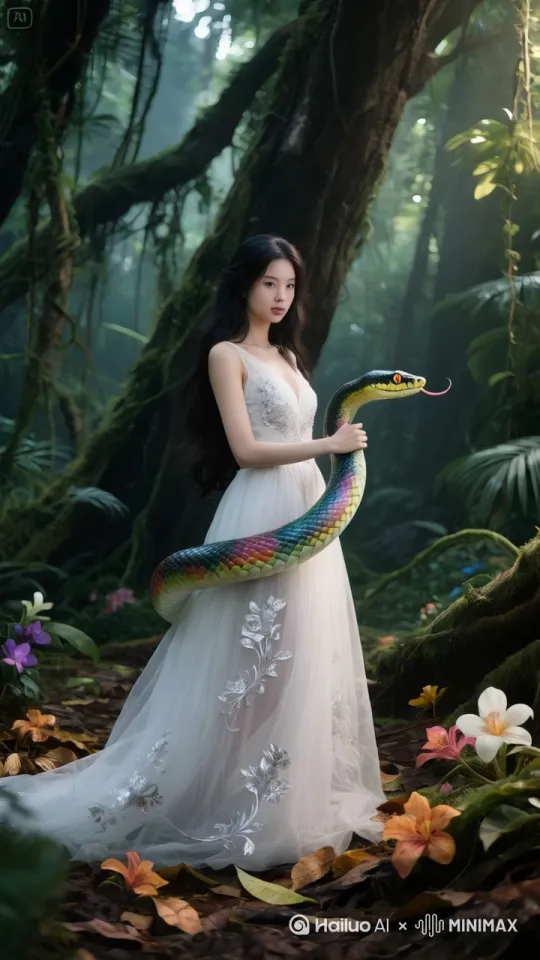 蛇爬到美女的脚下。美女踩着蛇，蛇驮着美女极速向前游走起来，场景随着人物移动不断变幻，镜头跟随，动态移动 by Hailuo AI Video Generator