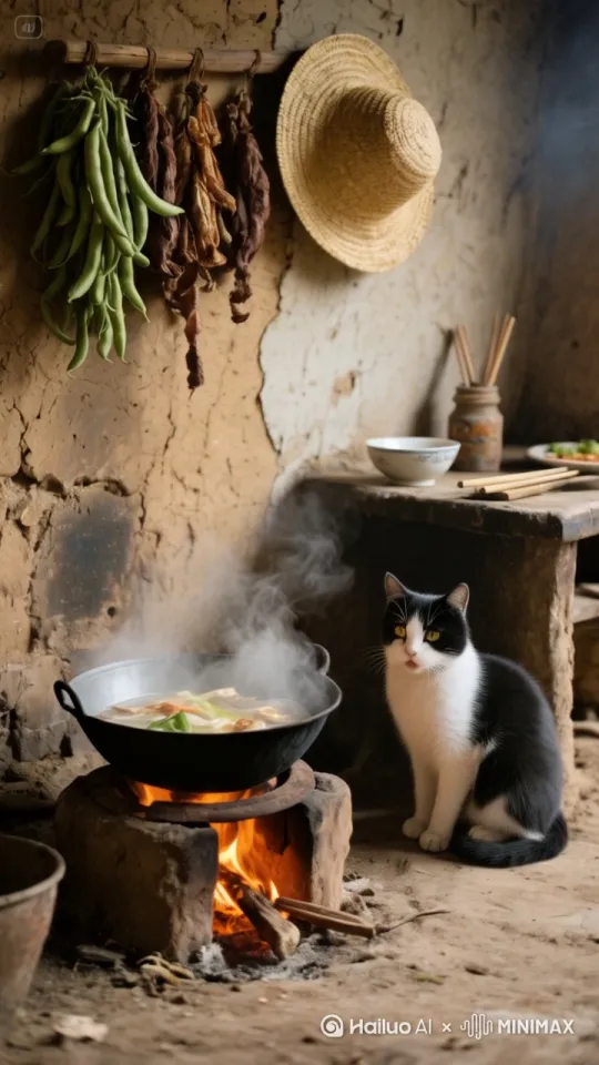 猫伸手去抓煮菜锅，用力过猛，煮菜锅整个反倒地，盖住猫的头，猫被热水烫，上蹿下跳。 by Hailuo AI Video Generator