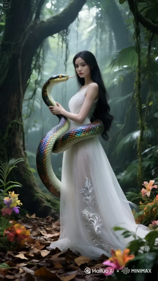 蛇和美女共舞，美女的舞蹈妩媚妖娆，蛇随着美女翩翩起舞，美女与蛇共舞形成了一幅和谐美好的画面 by Hailuo AI Video Generator