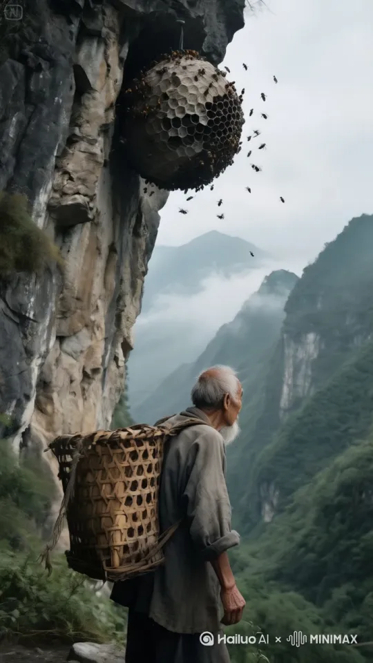 老人背着背篓快速的向上跳跃，只见他身轻如燕，只几步快速跳到峭壁高处，把蜂窝稳稳地摘下，扛着蜂窝稳稳跳下地面。固定镜头。 by Hailuo AI Video Generator