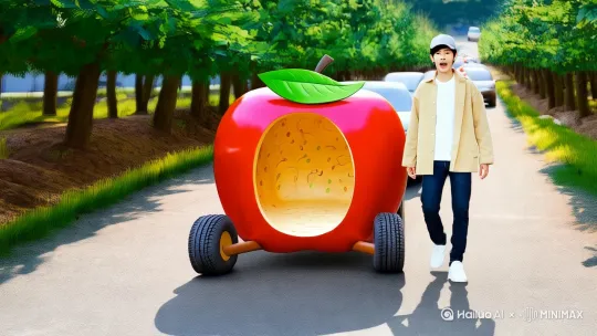苹果车的奇妙之旅
 
1. 果园出发
 
阳光倾洒在郁郁葱葱的乡村果园，每一棵果树上都沉甸甸地挂满了果实。一位朝气蓬勃的帅哥，头戴浅灰色棒球帽，帽檐下露出几缕乌黑的头发，身着一件宽松的卡其色休闲外套，内搭洁白如雪的 T 恤，下身搭配一条深蓝色牛仔裤，脚蹬一双白色运动鞋，利落又帅气。他站在一辆造型独特的苹果汽车旁，眼神中满是兴奋与期待。
 
这辆苹果汽车宛如一颗巨大而诱人的红苹果。车身整体呈圆润的苹果形状，外壳是鲜艳欲滴的红色，在阳光的照耀下闪耀着迷人的光泽，仿佛刚从树上摘下般新鲜。汽车顶部正中央，镶嵌着一片翠绿色的叶子，叶片脉络清晰可见，仿佛还带着清晨的露珠。叶子旁边，一根棕色的果柄微微弯曲，与真实苹果的果柄别无二致。车头部分，是精心设计成被切开的苹果截面样式，嫩黄色的果肉质感细腻，几颗黑色的果核镶嵌其中，逼真得让人忍不住想咬一口。车身两侧，四个轮胎大小适中，轮胎表面的纹路犹如苹果表皮的细微褶皱，增添了几分独特的韵味。车门的把手则设计成小巧的苹果蒂形状，既可爱又方便抓握。
 
帅哥拉开车门，坐进车内，车内的装饰同样充满苹果元素。座椅是仿照苹果瓣的形状设计，表面覆盖着柔软的红色皮革，触感极佳。仪表盘的边框是一圈棕色，恰似苹果的果核轮廓，指针和数字清晰醒目。方向盘上则印有一个小巧的苹果标志，凸显了整车的主题。
 
帅哥系好安全带，双手紧紧握住方向盘，深吸一口气，随后兴奋地喊道：“出发咯！今天去城里转转！”伴随着发动机的轰鸣声，苹果汽车如离弦之箭般在两旁种满苹果树的小道上疾驰，车轮扬起阵阵尘土，在身后形成一条淡淡的尘龙。道路两旁的苹果树快速向后掠过，枝头的苹果仿佛在为帅哥送行。
 
2. 城市拥堵
 
转眼间，苹果汽车驶进了繁华热闹的城市。然而，迎接帅哥的是车水马龙的拥堵街道。各种颜色、款式各异的普通汽车密密麻麻地排列在一起，将苹果汽车团团围住。苹果汽车在其中显得格外与众不同，就像一只误入鸡群的凤凰。
 
帅哥无奈地叹了口气，嘟囔道：“哎哟，咋这么堵！”他焦急地扭动着身体，透过车窗张望着前方一眼望不到头的车流。周围的车辆时不时传来不耐烦的喇叭声，交织成一曲嘈杂的城市交响乐。
 
3. 好奇目光
 
就在帅哥烦躁不安时，旁边一辆黑色轿车的车窗缓缓摇下，一位中年路人甲探出头来。他戴着一副黑框眼镜，眼神中充满了好奇与惊讶。他微微张开嘴巴，伸出手指着苹果汽车，对车内的同伴说道：“嘿，瞧这怪车！”周围其他车辆里的乘客也纷纷投来好奇的目光，有的还忍不住交头接耳，议论纷纷。
 
帅哥被众人的目光看得有些不自在，脸上微微泛起红晕，尴尬地挠了挠头，心里暗自嘀咕：“看啥看，没见过这么帅的车吗？”
 
4. 独特喇叭声
 
为了打破这略显尴尬的气氛，帅哥伸手按下了喇叭。只听“嘟嘟”两声，声音清脆悦耳，竟好似咬一口苹果时发出的声音，格外有趣。这独特的喇叭声瞬间吸引了更多人的注意，原本还在小声议论的人们，此刻都将目光聚焦在了苹果汽车上。
 
帅哥看着周围人的反应，嘴角微微上扬，露出一丝得意的笑容，仿佛在说：“怎么样，我的车厉害吧！”
 
5. 紧急刹车
 
拥堵的车流终于开始缓缓移动，苹果汽车也跟着向前挪动。帅哥刚松了一口气，准备加速前行，突然，前方一辆白色轿车毫无预兆地急刹车。帅哥的眼睛瞬间瞪得滚圆，心脏猛地一紧，下意识地一脚将刹车踏板踩到底。伴随着轮胎与地面摩擦发出的尖锐刺耳声，苹果汽车猛地停住，车身微微颤抖。帅哥的身体由于惯性向前冲去，好在安全带及时将他拉住。
 
帅哥气得满脸通红，大声骂道：“哎呀妈呀！搞啥呀！”他愤怒地瞪着前方的白色轿车，双手紧紧握着方向盘，指关节都因用力而泛白。
 
6. 美女致歉
 
前方白色轿车的车门“啪”地一声打开，一位长发飘飘的美女从车上匆匆下来。她身穿一件淡蓝色的连衣裙，裙摆随风轻轻飘动，宛如一朵盛开的蓝色花朵。她手中拿着一支掉落的口红，脸上带着歉意的笑容，快步走到苹果汽车旁。
 
美女微微弯下腰，透过车窗对帅哥说道：“不好意思啦，东西掉了。”她的声音清脆甜美，犹如山间的清泉。帅哥看到美女的瞬间，脸上的愤怒顿时烟消云散，取而代之的是一脸的羞涩与慌乱。他连忙摆摆手，结结巴巴地说：“没……没事没事，小心点哈。”
 
7. 继续旅程
 
看着美女回到车上，帅哥深吸一口气，平复了一下激动的心情。他重新发动汽车，苹果汽车再次缓缓启动，融入到车流之中。帅哥一边哼着欢快的小曲，一边轻松地转动着方向盘，刚才的不愉快早已抛到了九霄云外。
 
随着车辆的前行，城市的街景如画卷般在车窗外展开。高楼大厦鳞次栉比，街道两旁的商店琳琅满目，行人来来往往，热闹非凡。苹果汽车在这繁华的都市中穿梭，仿佛也成为了一道独特的风景线。
 
帅哥望着车窗外的景色，心中感慨道：“这一趟还挺有意思！”他知道，这只是他苹果汽车奇妙之旅的一个小小插曲，未来还有更多有趣的 by Hailuo AI Video Generator