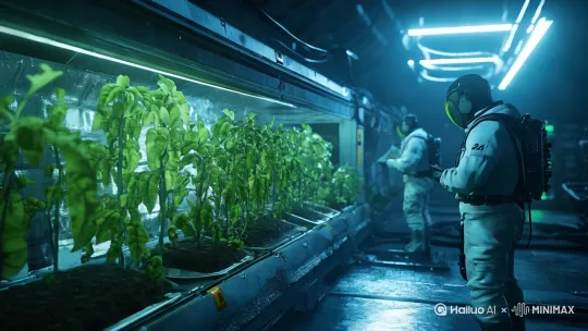 微妙的植物生长：植物可能有非常微妙、缓慢的生长或向光移动的视觉迹象（再次，也许是延时摄影的暗示）。
受控空气循环：通风口附近有非常微弱、可见的空气流动或冷凝现象，表明环境得到了维持。
人物活动：背景中的人物安静而专注地进行着各种活动——照料植物、调整设备、检查标本。他们的动作平静而有目的性。
灯光闪烁/嗡嗡声：生长灯发出的非常微妙、几乎难以察觉的闪烁或轻柔的嗡嗡声（音频提示在这里可能也有帮助）。
跟随人物的跟踪镜头：跟踪人物在空间中移动的镜头，观察他们的任务以及与环境和设备的互动。 by Hailuo AI Video Generator