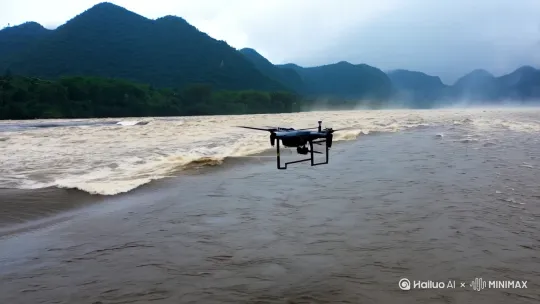淮河丰水季的史诗级奔涌场景，大河雄浑生命力，写实风格，无人机视角，俯冲拍摄 by Hailuo AI Video Generator