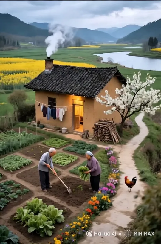 爷爷奶奶开心的在谈话，大公鸡来回走动着，屋顶的烟𠧧冒着烟，风吹着花在动，衣服吹着在动，府瞰全景广角镜头 by Hailuo AI Video Generator