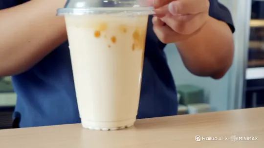 反重力奶茶瀑布：当奶茶店小哥用力摇晃奶茶，突然整杯液体冲破物理定律，在空中凝结成倒流瀑布！悬浮珍珠疯狂旋转，最后精准落回杯里 by Hailuo AI Video Generator