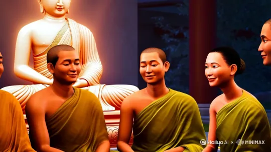 佛祖上座放光讲心经，座下五位僧人听经，有三位男僧人，二位女僧人，心态祥和，面带喜色 by Hailuo AI Video Generator