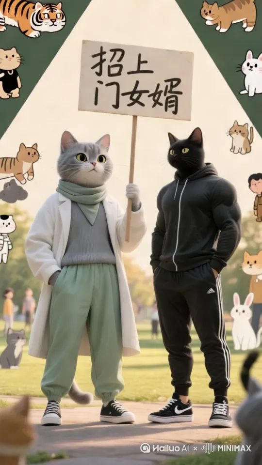 黑猫对着灰猫说“有彩礼吗”，灰猫把手里的牌子放到地上，然后灰猫对着黑猫说“没房没车没彩礼”，黑猫一脸震惊的看着灰猫，又对灰猫说“有存款吗”，灰猫说“你怎么那么物质，我们是真爱”灰猫说“你会照顾老人吗？你会做饭吗？我希望回到家里能吃口热乎饭。” by Hailuo AI Video Generator