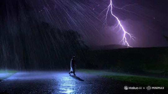 今晚的雨，倾盆而下，电闪雷鸣。我独自漫步在这场雨中，任凭雨水打湿衣衫，心中却有一种无法言说的宁静与自由。 by Hailuo AI Video Generator