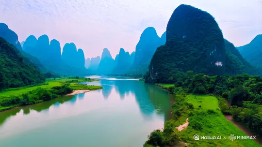 桂林市：山水甲天下的美景
   - 场景描述：从漓江的山水画卷开始，展示其如诗如画的自然风光。接着切换到象鼻山的独特地貌，展示其自然奇观。最后，镜头聚焦在龙脊梯田的壮丽景色，展示其层层叠叠的梯田和农耕文化。
   - 风格：自然风光的壮丽，色彩清新，氛围宁静。 by Hailuo AI Video Generator