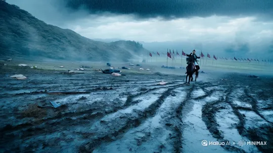 【历史场景还原AI视频提示词】
画面风格：史诗级战争美学，冷兵器时代写实光影，青灰色调渲染肃杀氛围
场景设定：暴雨倾盆的长坂坡战场，泥泞的黄土路与残垣断壁交错，远处曹军旌旗如黑云压城
核心角色：
 
- 赵云：银甲染血，长枪挑落碎甲飞溅，鬓发凌乱却目光如炬
- 阿斗：襁褓中啼哭的婴孩，被玄色锦缎裹住置于胸前特制护甲内
动作设计：
 
1. 特写镜头：赵云左手护着怀中襁褓，右手长枪如银龙出渊，枪尖挑起曹军盾牌瞬间的木屑飞溅
2. 动态运镜：360度环绕拍摄赵云旋转横扫，枪杆扫过之处曹军连人带马翻倒，雨水在空中划出弧线
3. 慢镜头：刀锋距离阿斗襁褓三寸时，赵云侧身飞踢将敌兵踹飞，布料撕裂的特写伴随撕裂音效
4. 俯拍长镜头：赵云单骑冲破箭雨，身后留下数十具曹军尸体组成的血色通道
环境细节：
 
- 地面：深陷马蹄的泥泞中倒映着厮杀身影
- 天空：乌云间偶尔闪过惊雷照亮赵云冷峻面容
- 道具：断裂的长枪、半卷的曹军军旗、阿斗掉落的红绳香囊
运镜节奏：
 
1. 起势：低角度仰拍赵云纵马疾驰，镜头随马蹄震动摇晃
2. 高潮：手持镜头模拟混战视角，穿插曹军头盔滚落、兵器碰撞特写
3. 收尾：无人机航拍赵云浴血立于坡顶，怀中婴孩已安静沉睡，镜头拉远展现尸横遍野的战场全貌
音效提示：
 
- 雨声渐强，混着金属碰撞声、战马嘶鸣、婴孩啼哭与赵云低吼
- 关键动作节点加入鼓点增强冲击力
- 突围成功时弦乐渐起，转为悲壮的史诗背景音乐
 
注：可根据需要增加闪回（如刘备托孤画面）或环境光影变化（暴雨骤停、阳光穿透云层）增强戏剧张力。 by Hailuo AI Video Generator