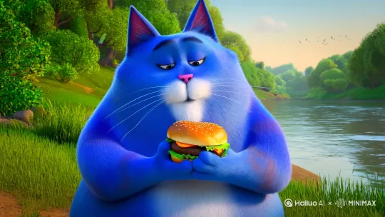 主角：猫   ；外形：蓝色  ；特征：胖     行为：吃汉堡；地点：在河边；风格拟人化 by Hailuo AI Video Generator