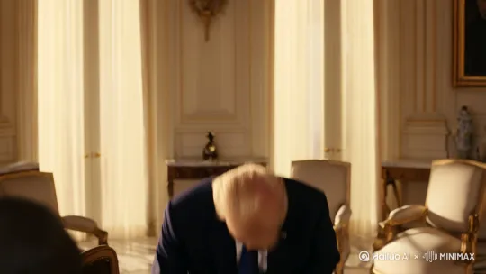 特朗普（突然咧嘴笑，掏出小本本）：
“嘿嘿，还是中国老铁爽快！那啥，我记着你们有句口号叫‘人类命运共同体’，要不咱先组个‘降税互助小组’？我出关税政策，你出市场蛋糕，咋样？” by Hailuo AI Video Generator