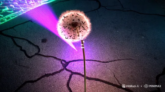 提示词结构**：  
- **构图**：倒置仰视角动态构图  
- **核心主体**：数以千计烧焦信纸碎片吸附在倒飞蒲公英伞柄，棉絮携带发光的摩尔斯电码  
- **环境场景**：龟裂柏油路面生长出石英晶体森林，每根晶体内部禁锢呐喊的人脸全息  
- **艺术风格**：蒸汽朋克×故障艺术，棉絮轨迹残留CRT显示器扫描线残影  
- **光线设计**：地底向上投射#FF69B4霓虹激光，在信纸烧痕处形成量子隧穿效应光斑  
**运镜语言**：螺旋上升跟拍单株蒲公英，临近画面顶端突然变速坠落制造失重幻觉 by Hailuo AI Video Generator