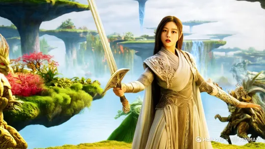 她是一位大罗金仙，在仙境中练剑。她在和灵兽比斗。 by Hailuo AI Video Generator