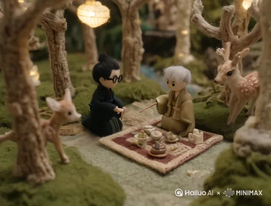 [左移,推进,右摇]两个人拿起筷子在野餐，小鹿也好奇的靠近。 by Hailuo AI Video Generator