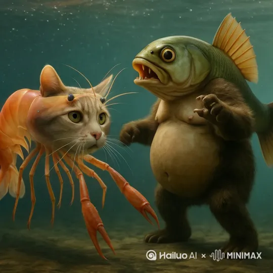 打架，鱼把虾猫打倒 by Hailuo AI Video Generator