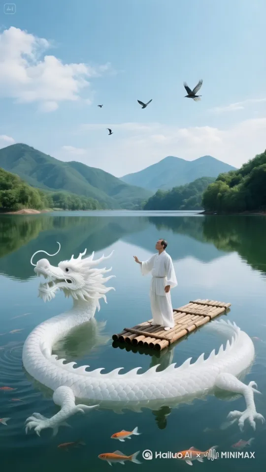中年人用中国功夫，空翻跳上龙背上，龙驮着中年人快速快速游走。
镜头跟随，动态移动。 by Hailuo AI Video Generator