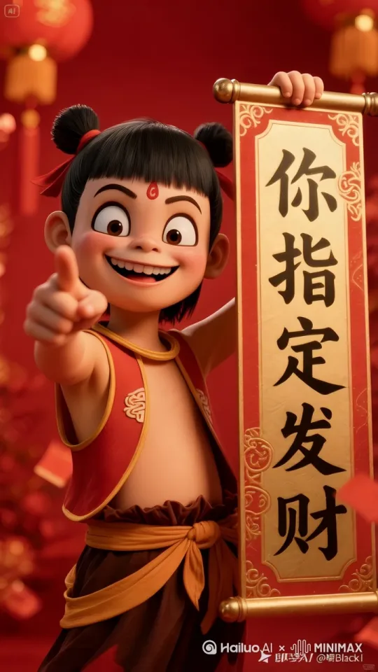 哪吒开心的表情，眨着眼睛，指着你然后又指向牌匾，暗示你能发财 by Hailuo AI Video Generator