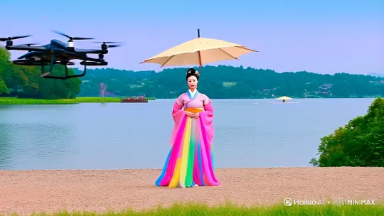 西湖畔无人机送伞，汉服白素贞变身国风美妆博主，千年蛇妖用直播普渡众生。许仙化身浙大理工男，实验室培育断桥荷花治水患。法海手持大数据罗盘追踪妖气，背后是污染企业操控的AI禅师。青蛇跨性别觉醒，以朋克琵琶掀起钱塘江数字浪涌。雷峰塔化为赛博监狱，白娘子用AR虚拟分身上演全息水漫金山。外卖小哥龟丞相穿梭现代街巷，保温箱里藏着东海龙宫外卖。结尾彩蛋：白蛇DNA检测报告显示千年环保使命，许仙捧着西湖水治理方案求婚——人妖之恋升维为生态共生之约。有电影质感画面，人物与场景完美融合 by Hailuo AI Video Generator