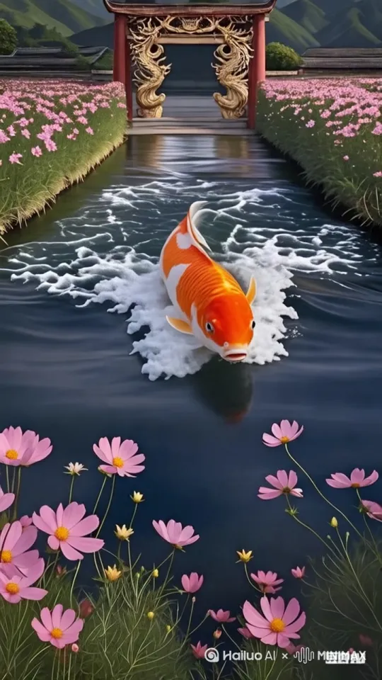 在一条小溪里，一条锦鲤从远处劈波斩浪游来，在镜头前跃起，跳得很高。真实场景，比例9：16 by Hailuo AI Video Generator